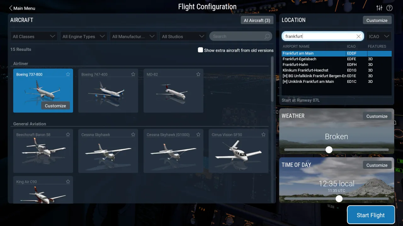 X-Plane 11 Steam CD Key - Aircraft customization and weather settings menu
