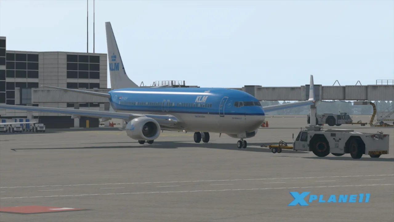 X-Plane 11 highly detailed KLM Boeing 737 at airport gate