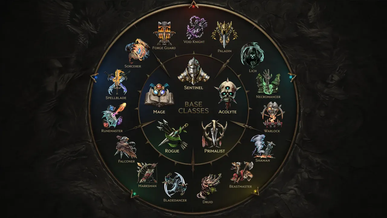 Last Epoch character class selection and mastery trees