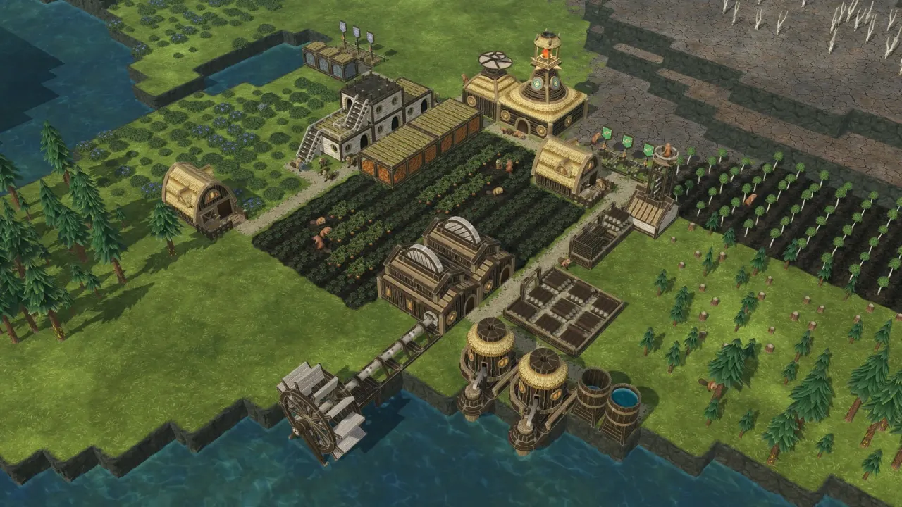 Timberborn vertical city construction with wooden structures