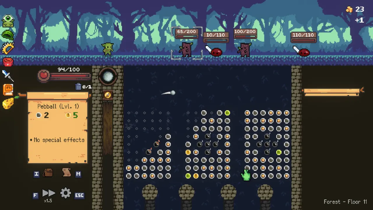 Peglin pachinko roguelike gameplay with orb shooting