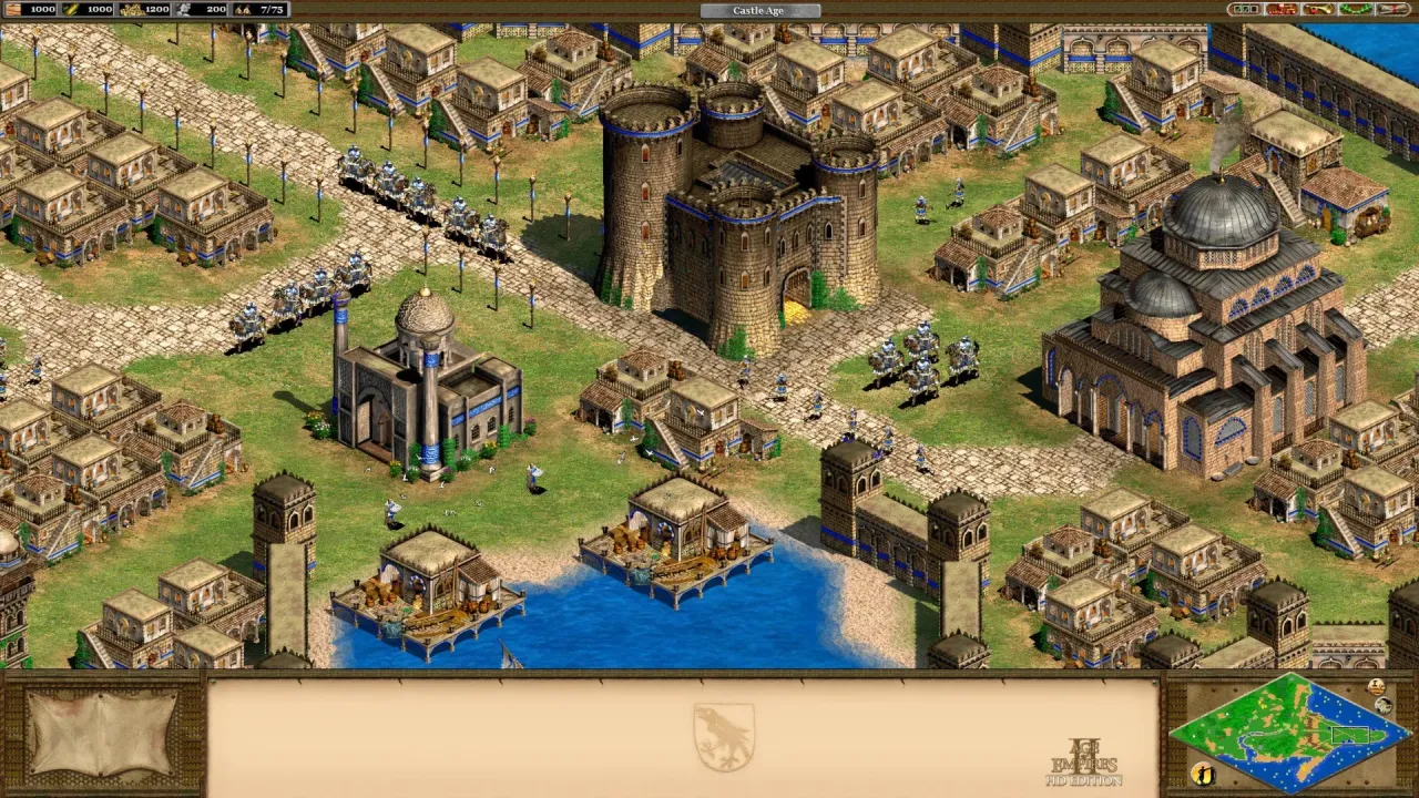 Siege engines attacking a castle in Age of Empires