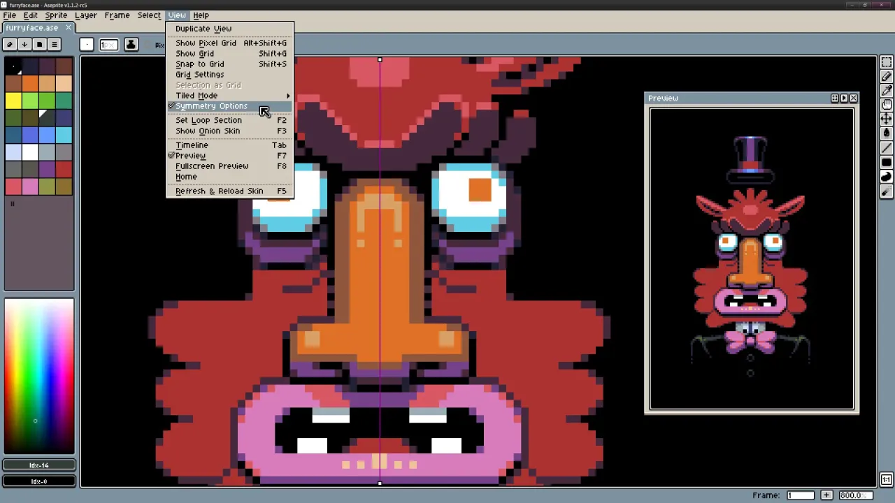 Sprite animation timeline and frame management in Aseprite