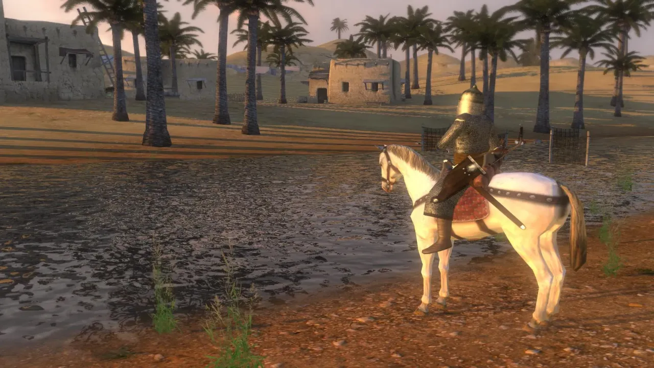 First person perspective of sword combat on horseback