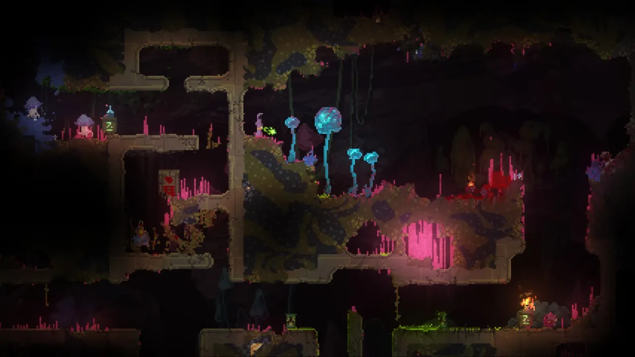 Action roguelite combat with environmental destruction