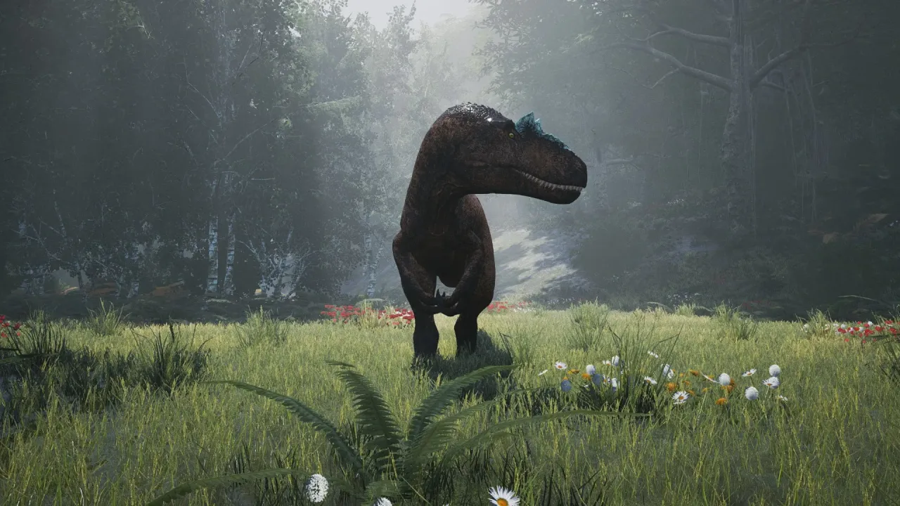 Herbivore dinosaurs grazing near a river