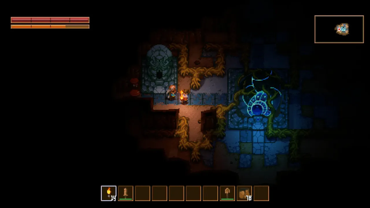 Players mining ancient relics in a dark cavern