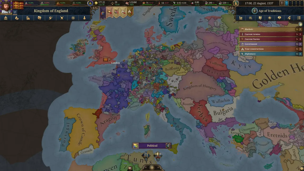 Europa Universalis V nation management and diplomacy interface