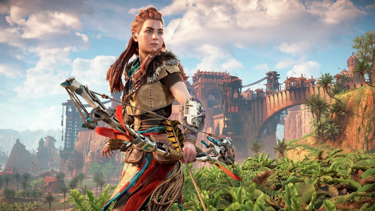 Horizon Zero Dawn Remastered Aloy overlooking machine-filled landscape
