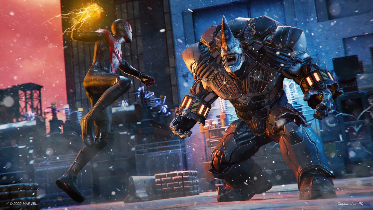 Marvel’s Spider-Man Miles Morales swinging through snowy New York City