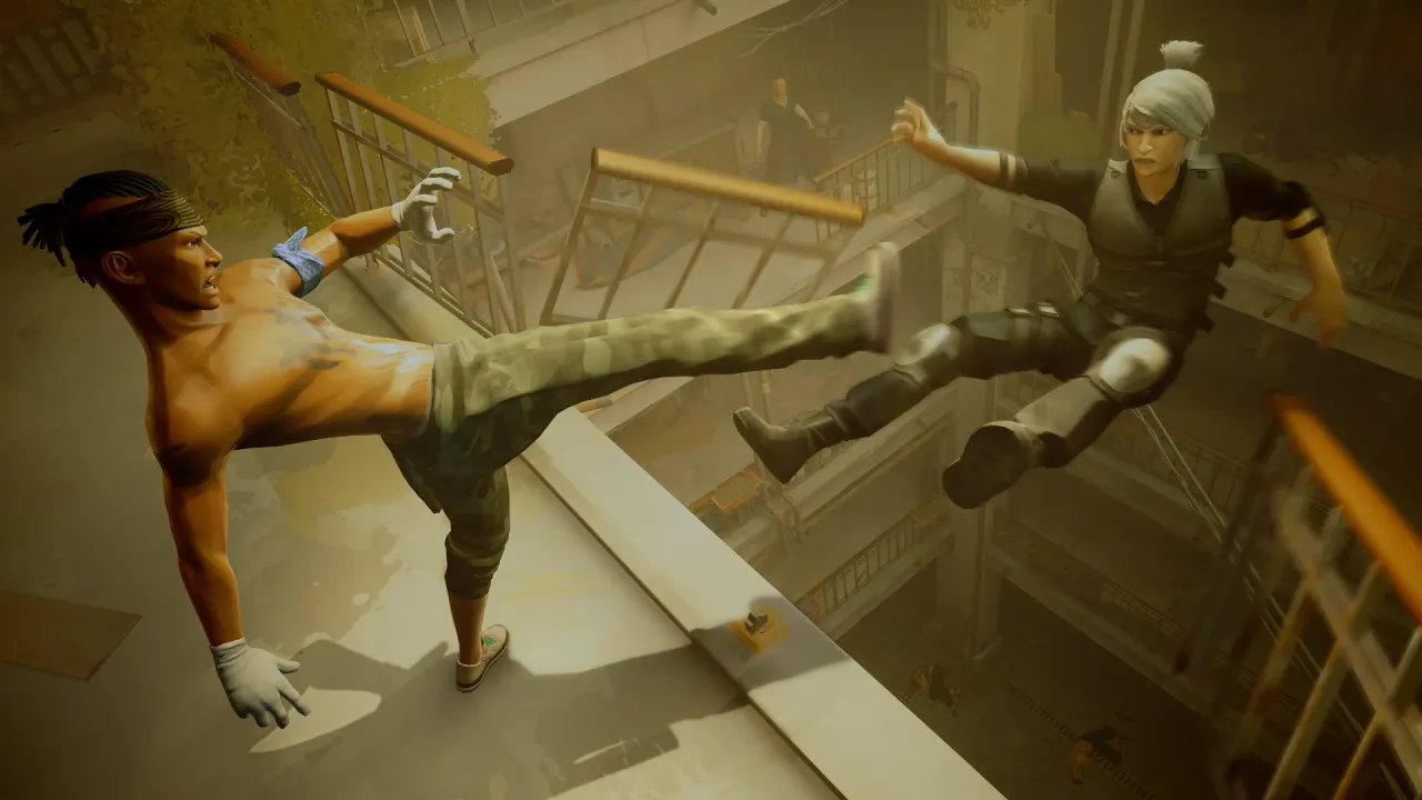 Challenging boss fight in a stylized urban environment