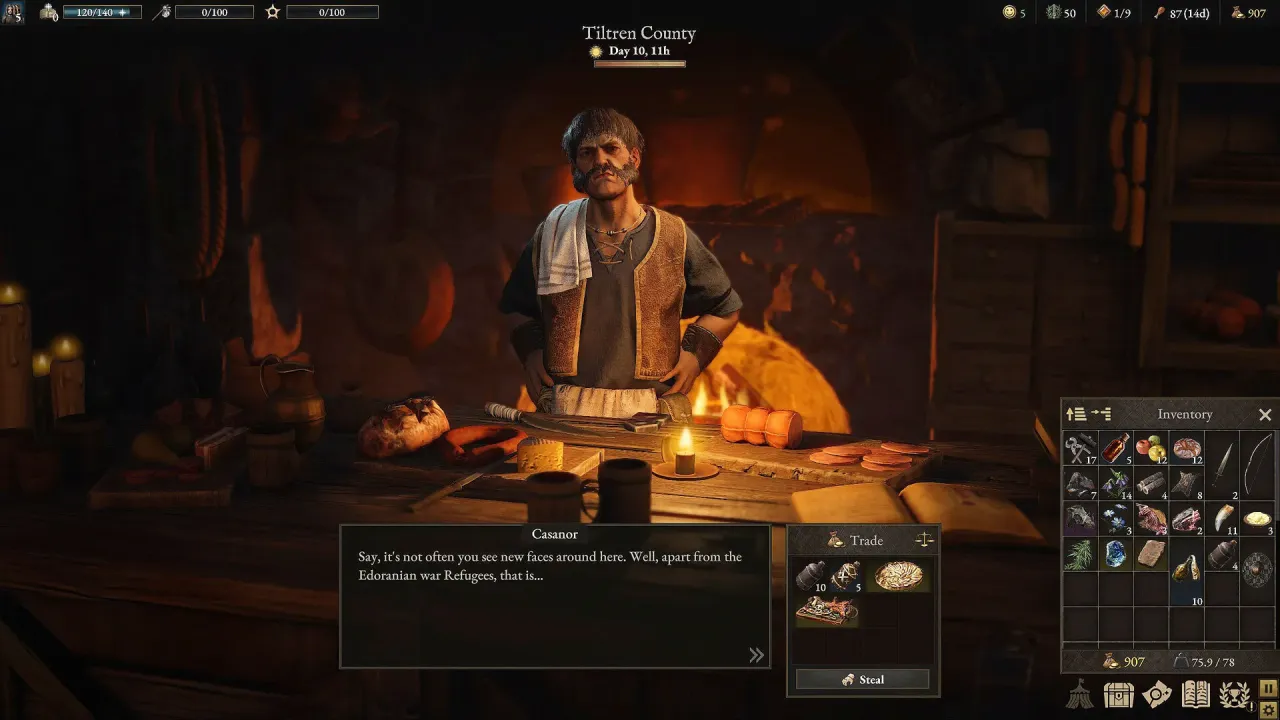 Open world travel and camp management mechanics