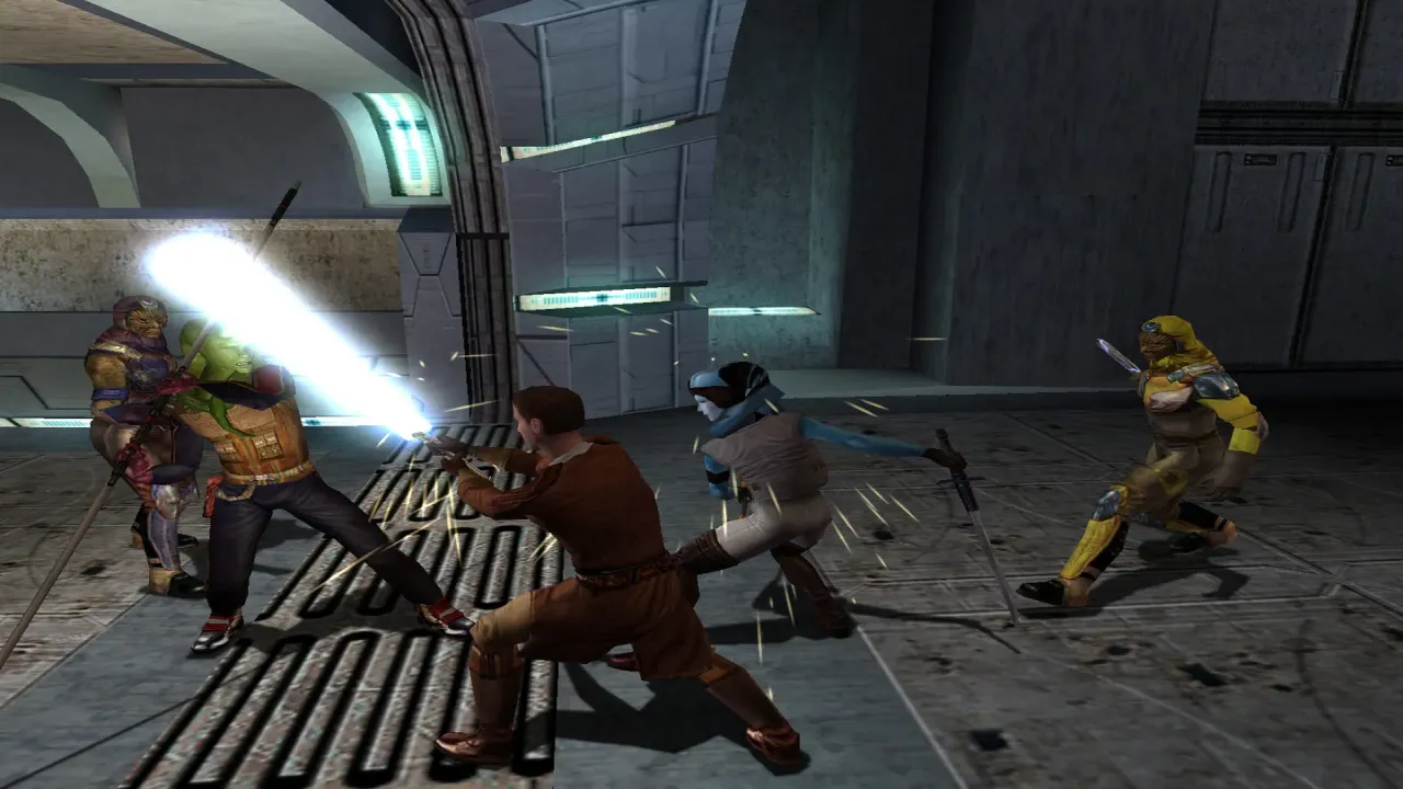 Jedi Knight wielding a lightsaber in ancient ruins