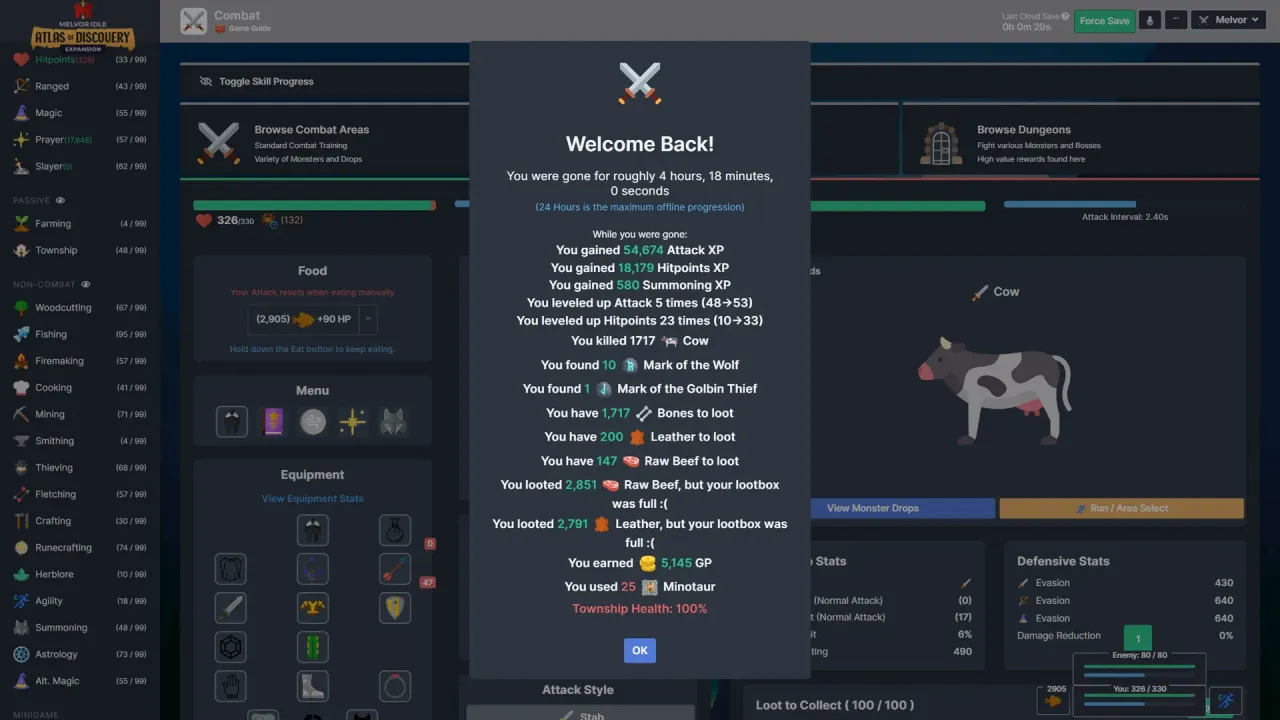 Melvor Idle loot system and inventory management