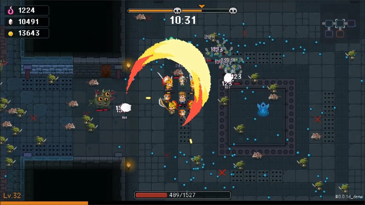 Roguelite survival mechanics and character upgrades