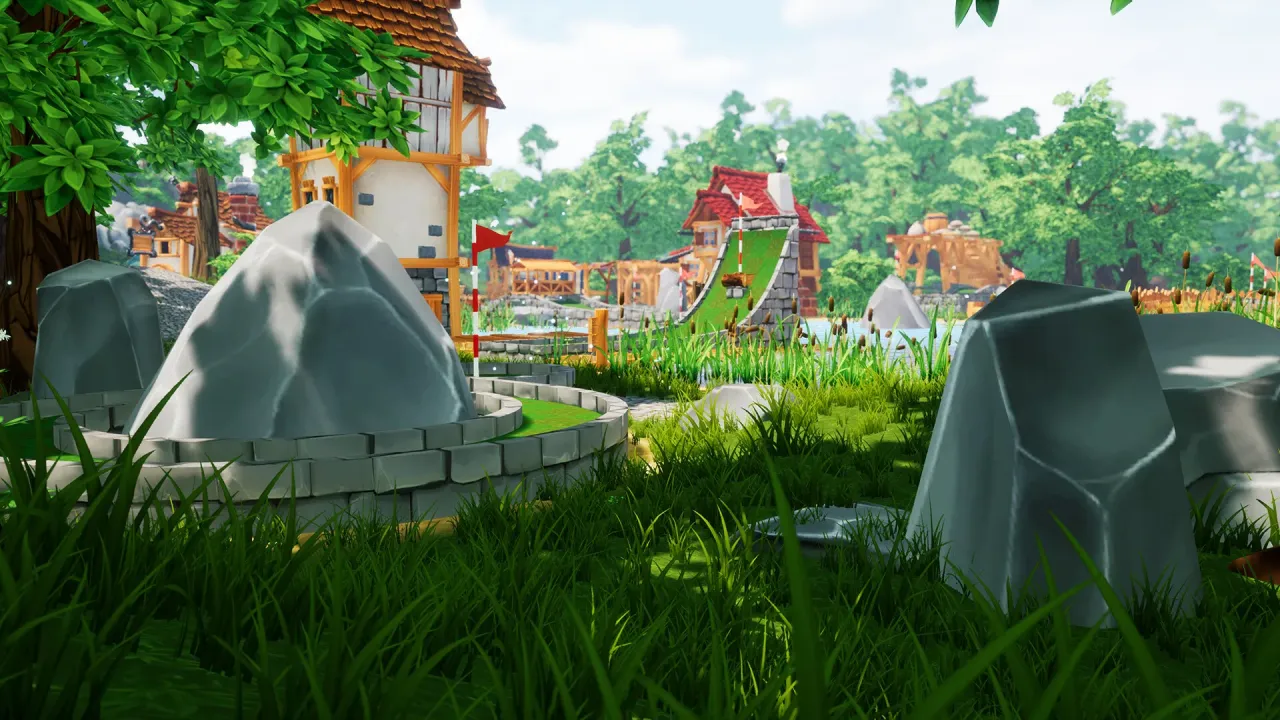 Mini golf players navigating creative and colorful obstacles