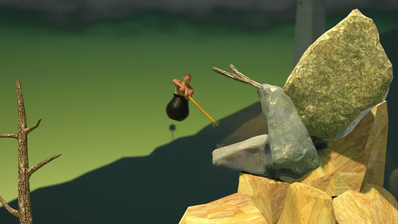 Difficult mountain climbing physics gameplay with Bennett Foddy