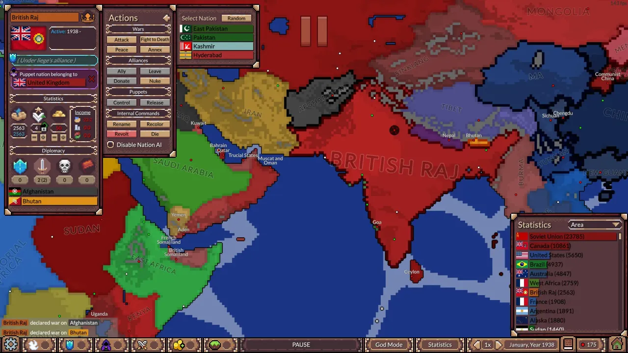 Detailed simulation of national borders and diplomatic shifts