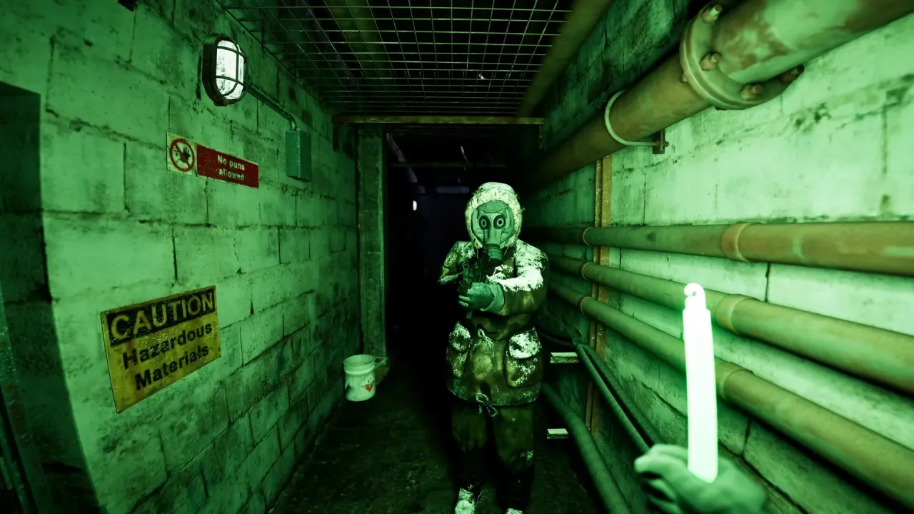 Player characters navigating dark ruins in gas masks