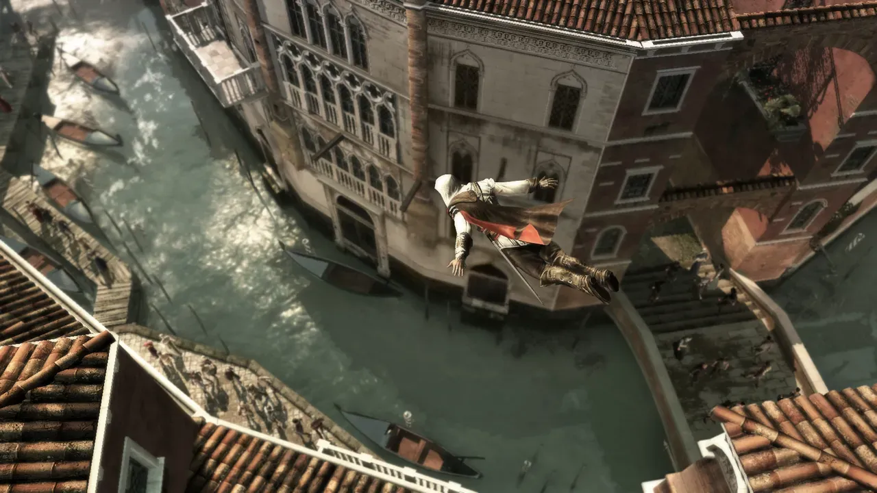 Ezio performing an air assassination in Venice