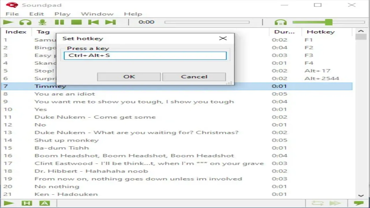 Configuring hotkeys for instant audio playback