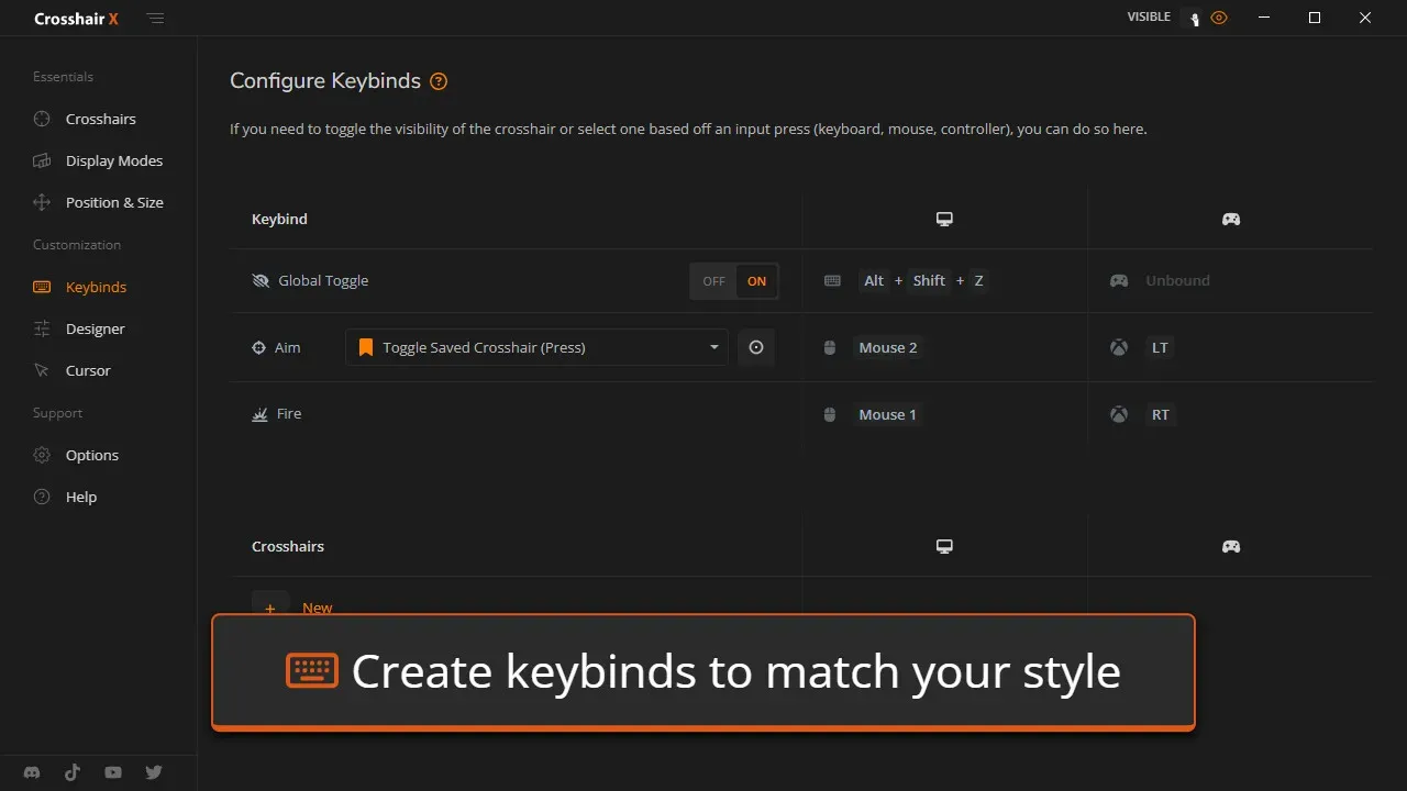 Advanced customization settings for crosshair shapes and colors