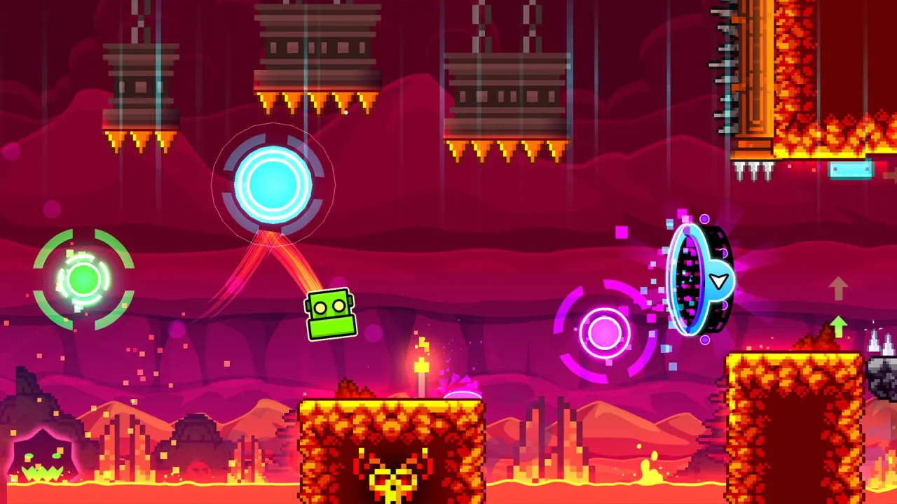 Geometry Dash Steam Key Global gameplay with neon icons and spikes