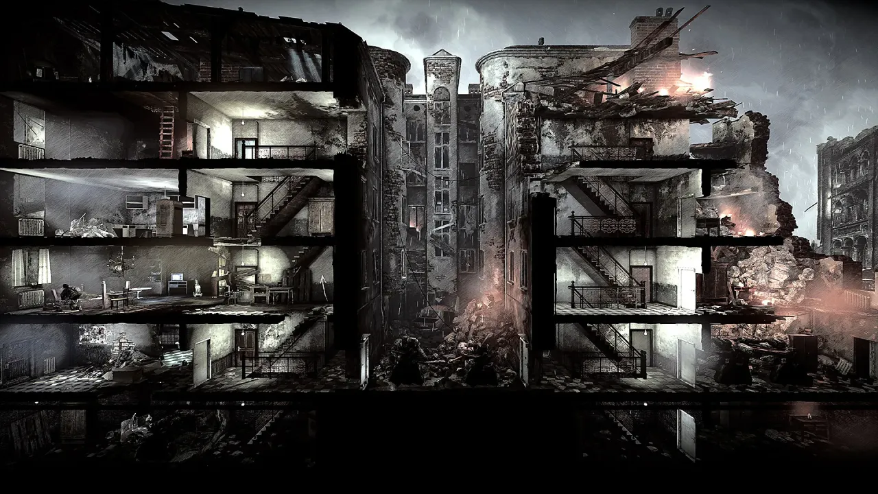 Atmospheric charcoal art style of This War of Mine